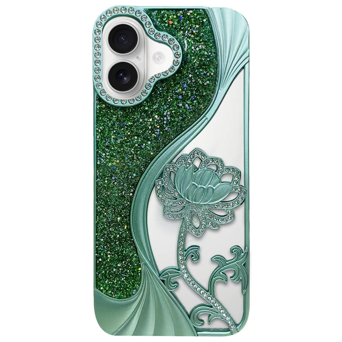 Compatible with iPhone 18 Electroplated TPU Lotus Hollow-carved Rhinestone Glitter Phone Case - Green