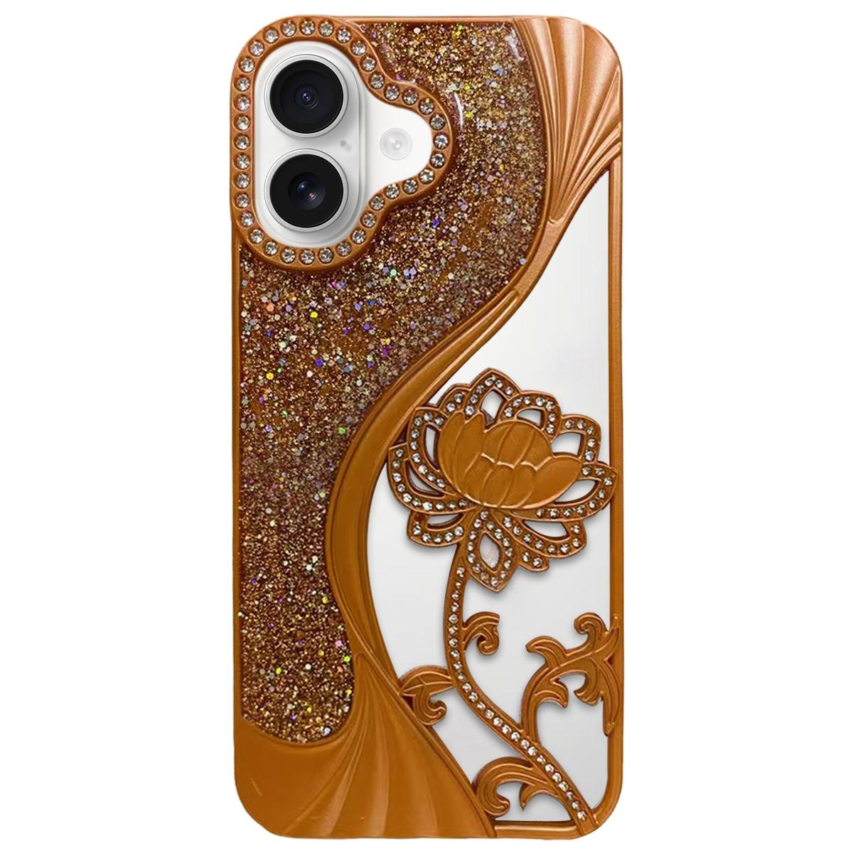 Compatible with iPhone 18 Electroplated TPU Lotus Hollow-carved Rhinestone Glitter Phone Case - Orange