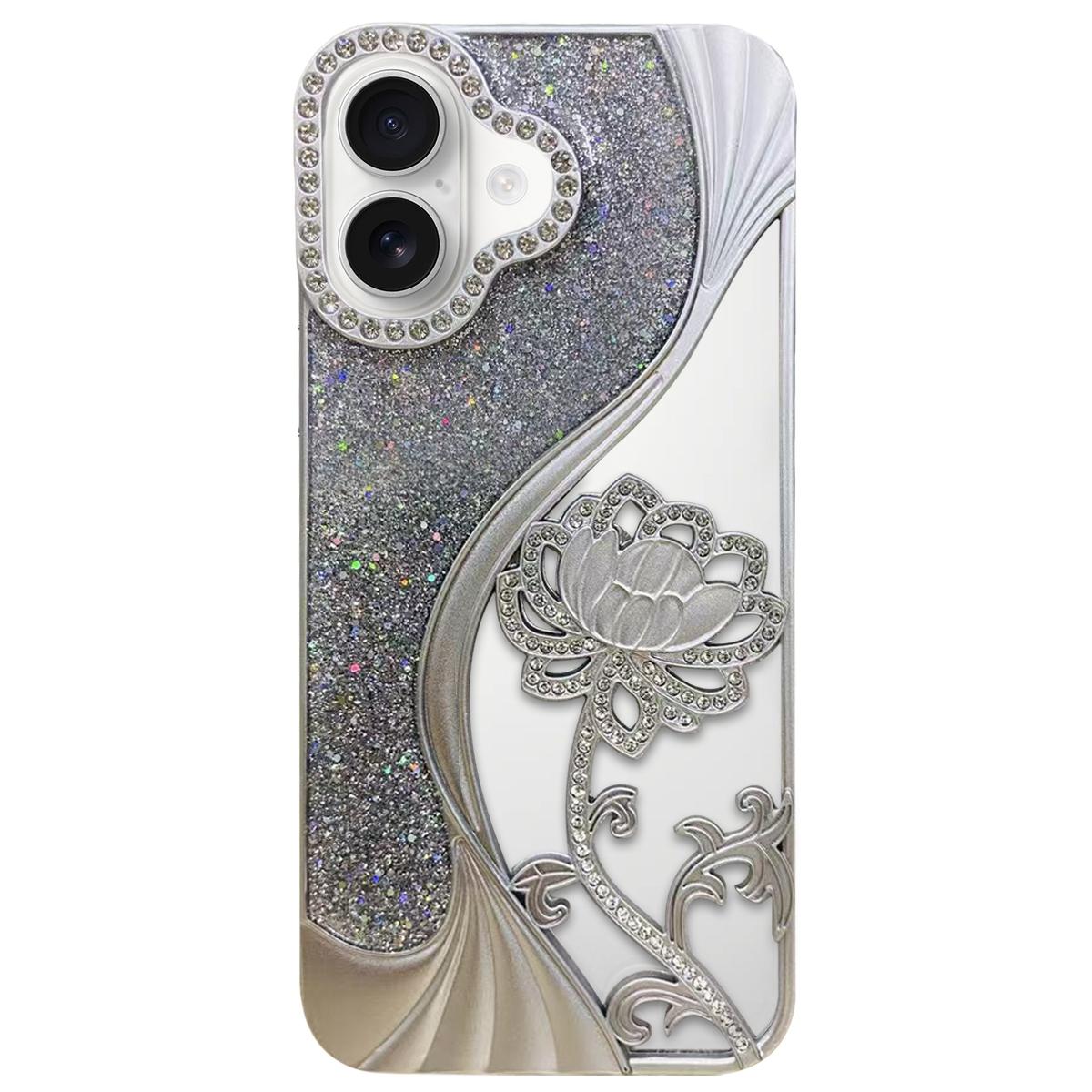 Compatible with iPhone 18 Electroplated TPU Lotus Hollow-carved Rhinestone Glitter Phone Case - Silver