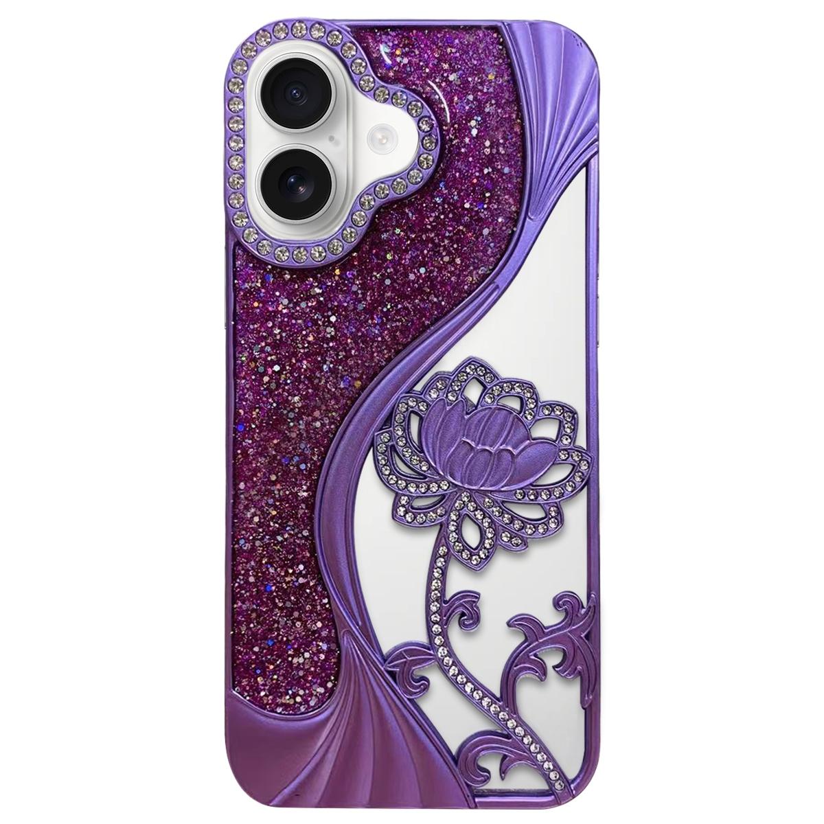 Compatible with iPhone 18 Electroplated TPU Lotus Hollow-carved Rhinestone Glitter Phone Case - Purple