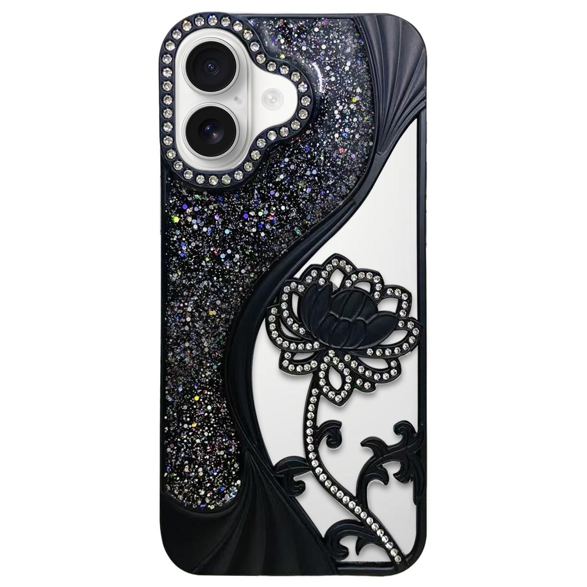 Compatible with iPhone 18 Electroplated TPU Lotus Hollow-carved Rhinestone Glitter Phone Case - Black