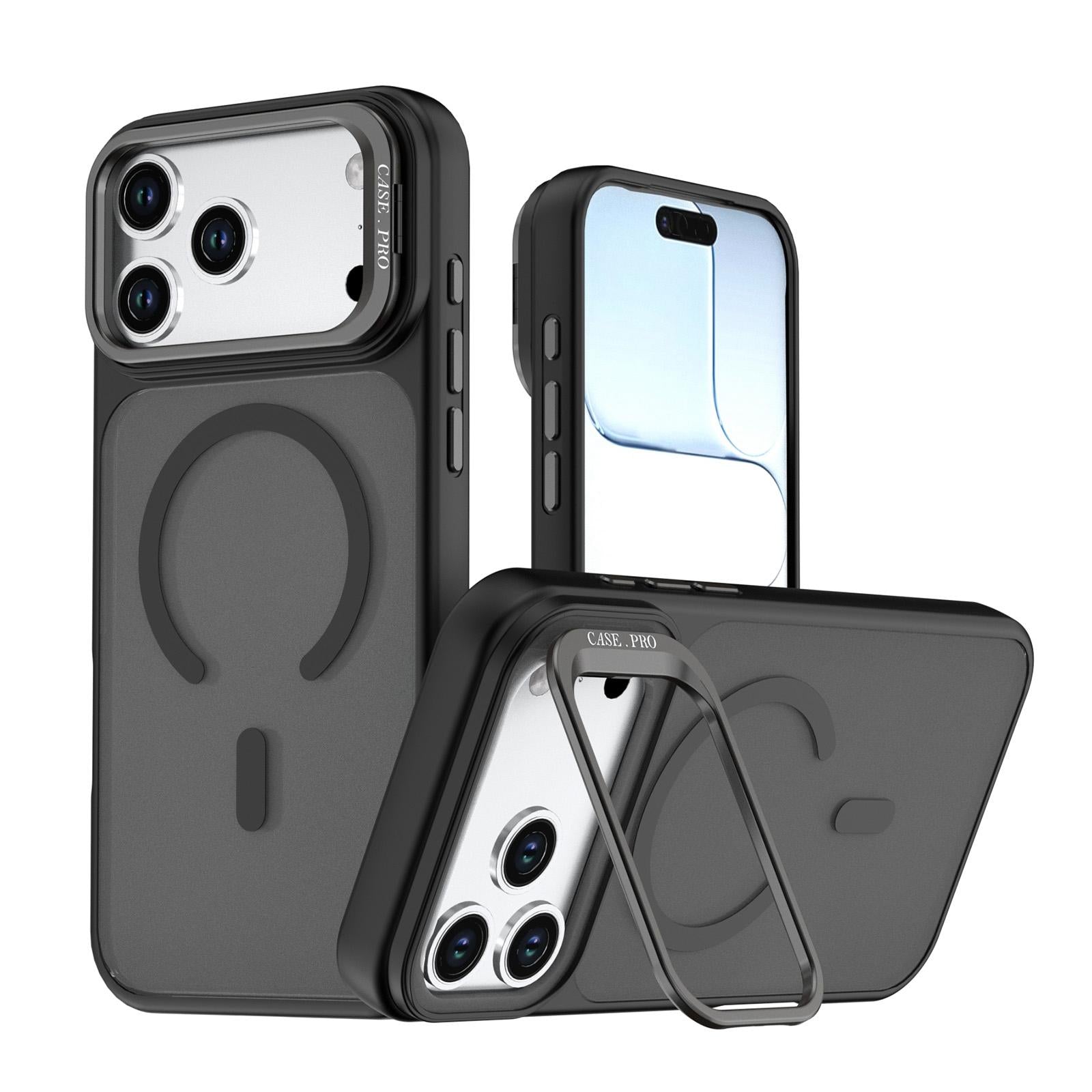 Compatible with iPhone 18 Pro Bright Color Frosted Skin-feel Camera Bracket Magsafe Phone Case - Black