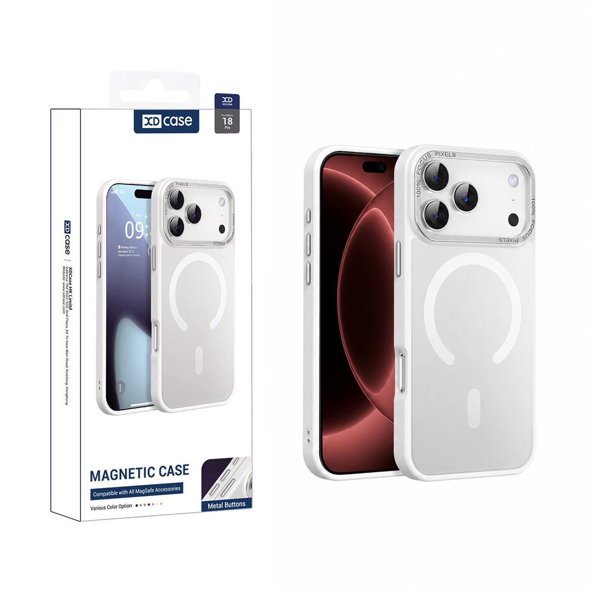 Compatible with iPhone 18 Pro XDcase Metal Lens Frame Skin Feel Magnetic Phone Case - White