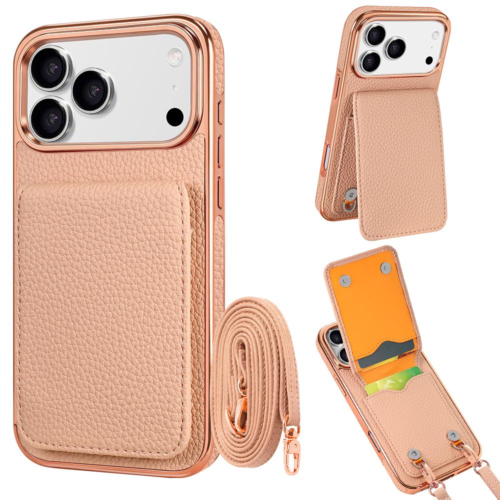 Compatible with iPhone 18 Pro VIETAO Litchi Texture Wallet PU Phone Case with Lanyard - Pink