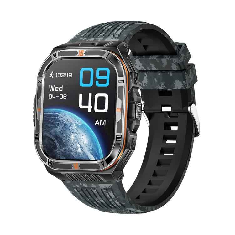 HT38 2.01 inch IPS Square Screen Smart Sports Watch Supports Bluetooth Call, Health Monitoring, LED Flashlight(Camouflage Blue Silicone Strap)