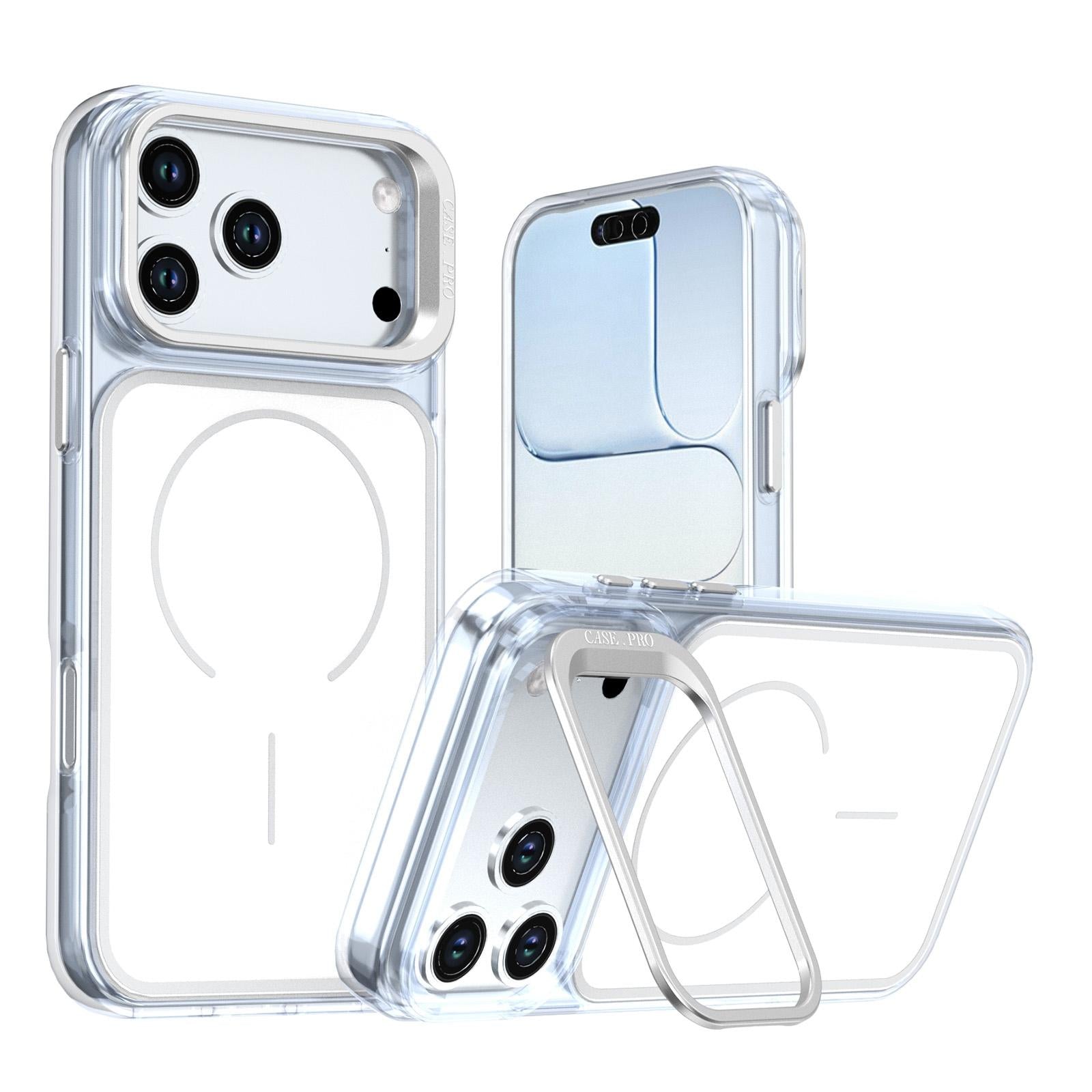 Compatible with iPhone 18 Pro Bright Color Blocking Camera Bracket Magnetic Phone Case - White