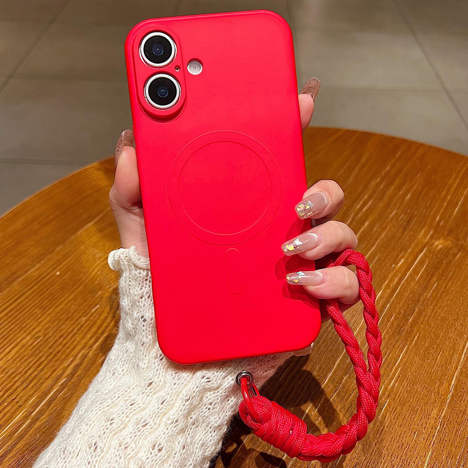 Compatible with iPhone 18 Solid Color Liquid Silicone Magnetic Phone Case with Lanyard - Red