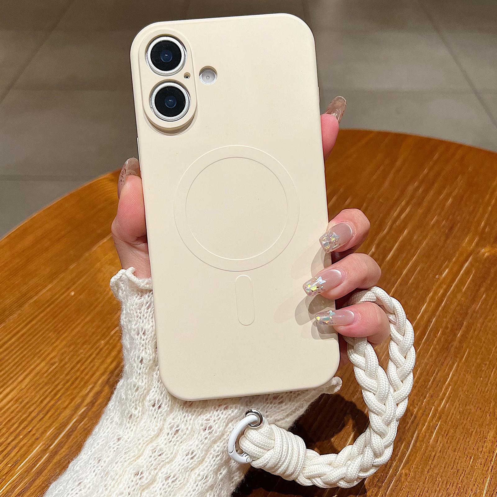 Compatible with iPhone 18 Solid Color Liquid Silicone Magnetic Phone Case with Lanyard - Antique White