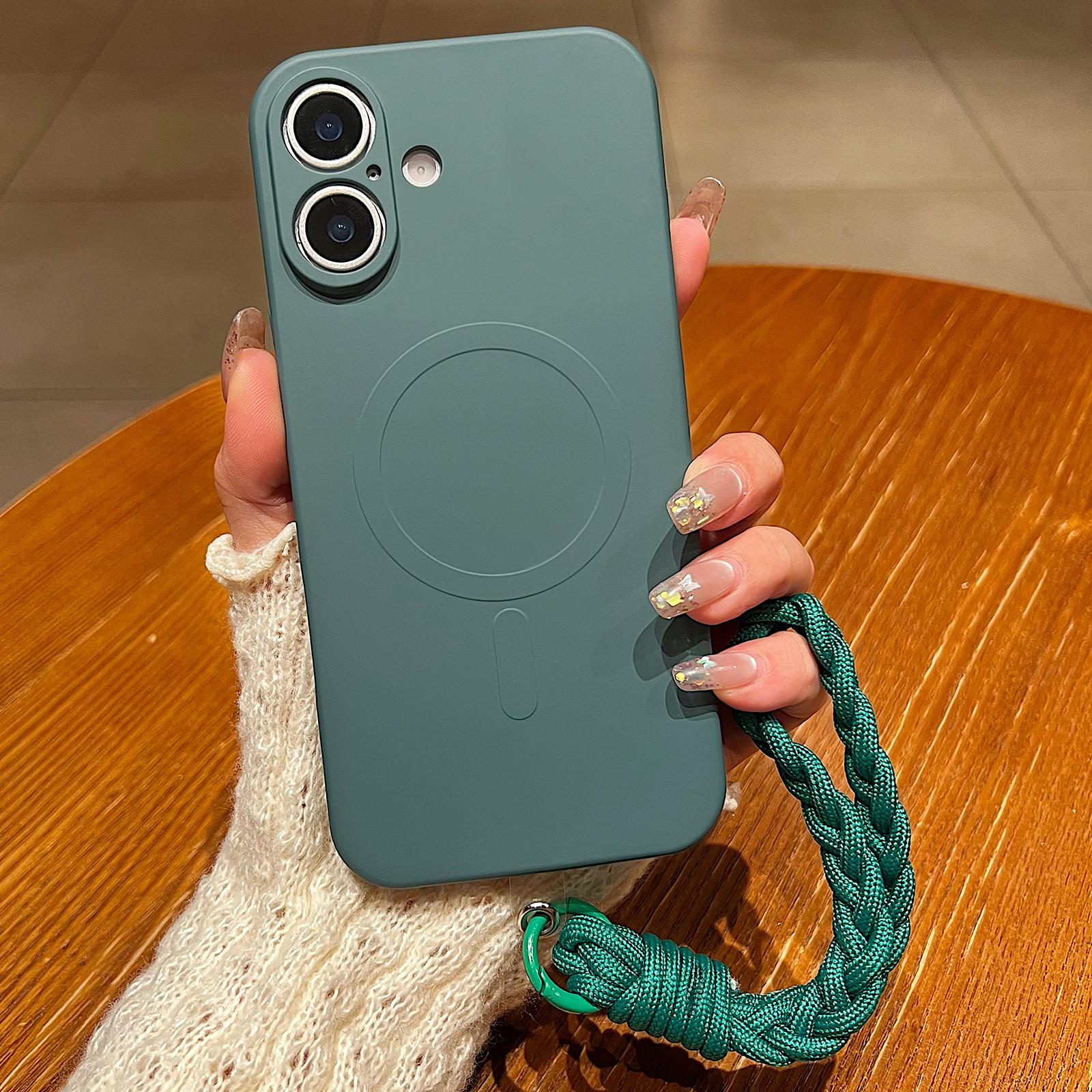 Compatible with iPhone 18 Solid Color Liquid Silicone Magnetic Phone Case with Lanyard - Dark Green