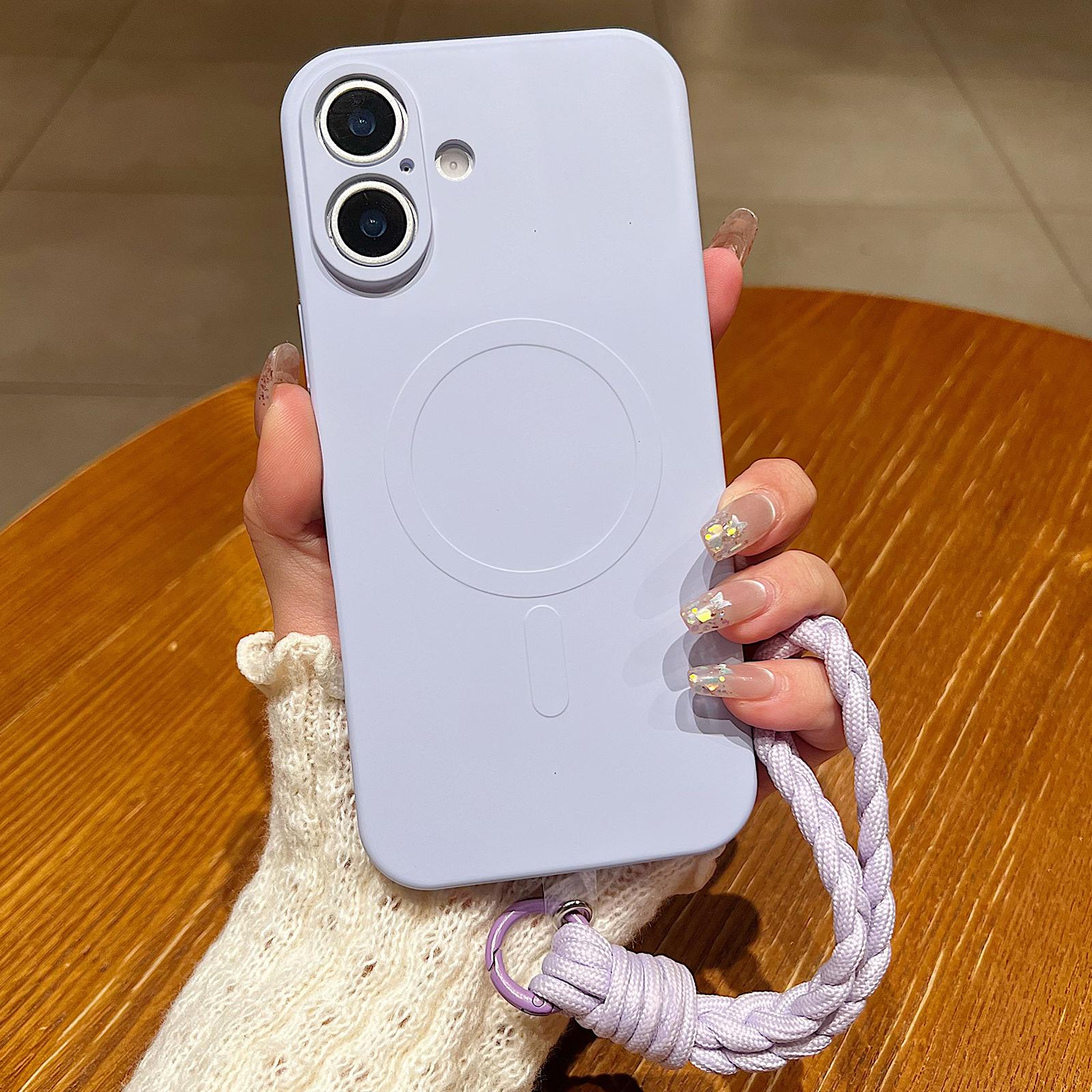 Compatible with iPhone 18 Solid Color Liquid Silicone Magnetic Phone Case with Lanyard - Lilac Purple