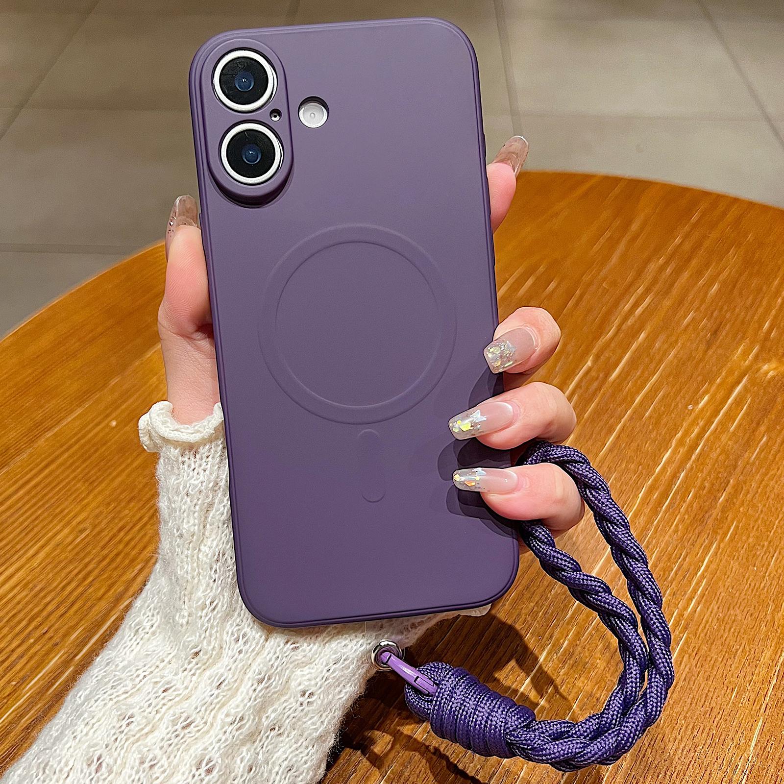 Compatible with iPhone 18 Solid Color Liquid Silicone Magnetic Phone Case with Lanyard - Dark Purple