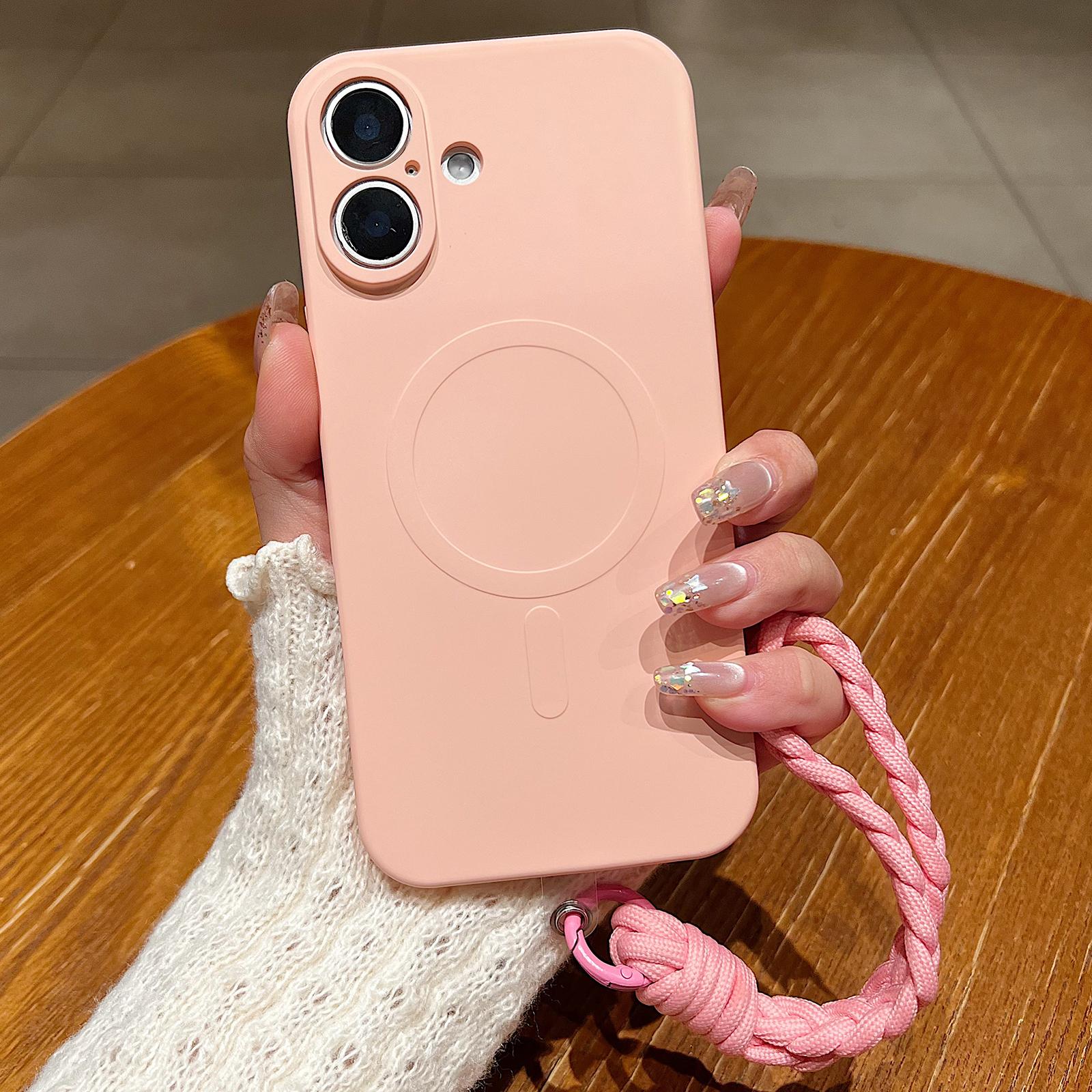 Compatible with iPhone 18 Solid Color Liquid Silicone Magnetic Phone Case with Lanyard - Pink