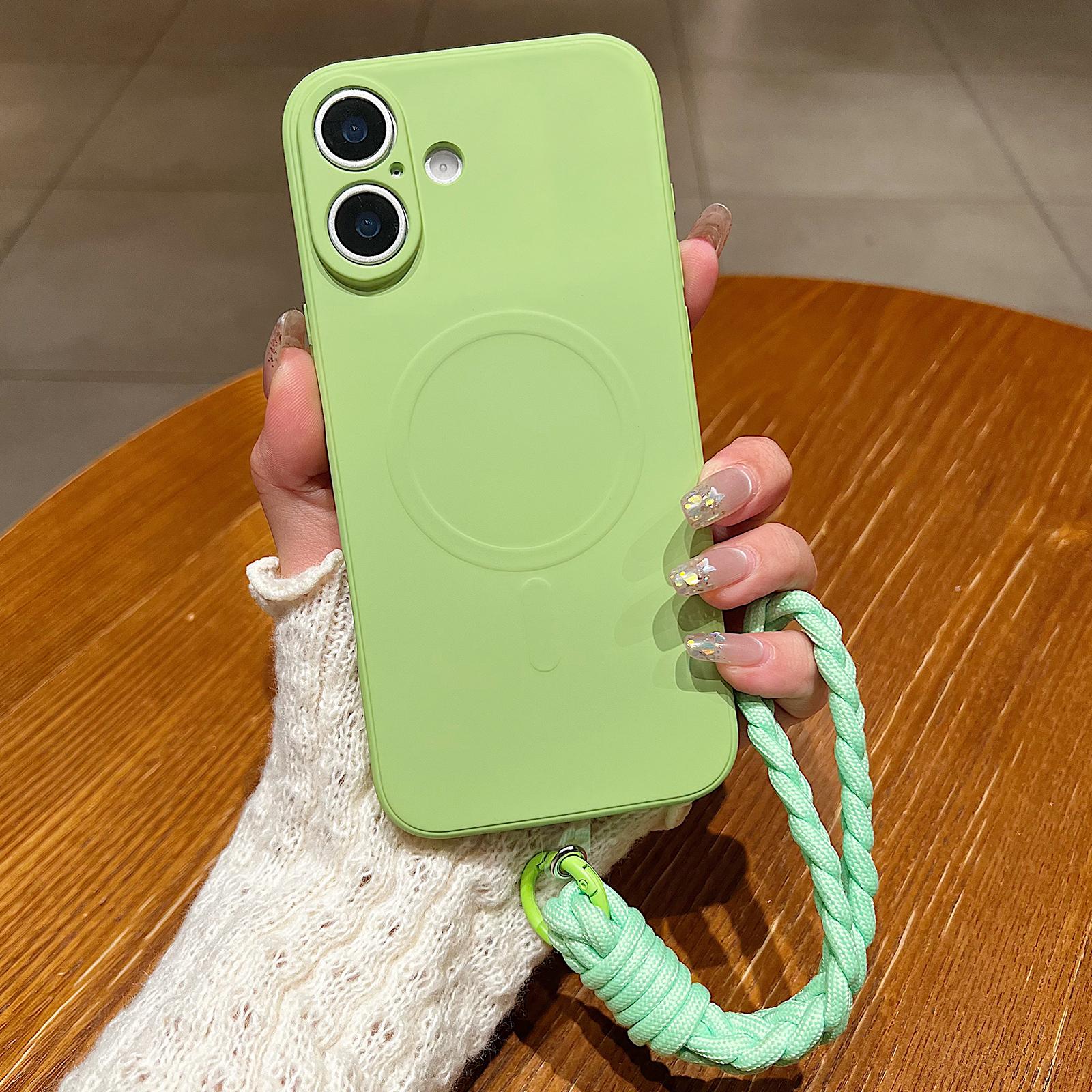 Compatible with iPhone 18 Solid Color Liquid Silicone Magnetic Phone Case with Lanyard - Matcha Green