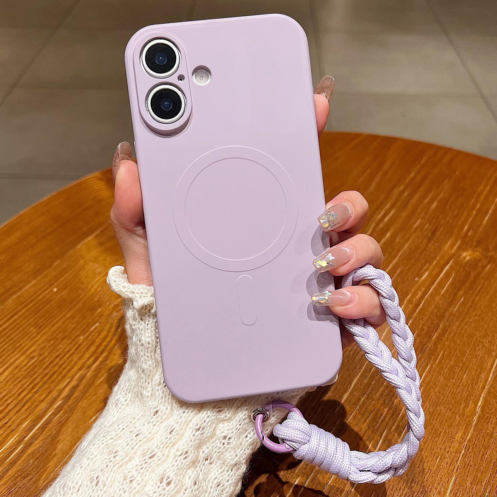 Compatible with iPhone 18 Solid Color Liquid Silicone Magnetic Phone Case with Lanyard - Lilac