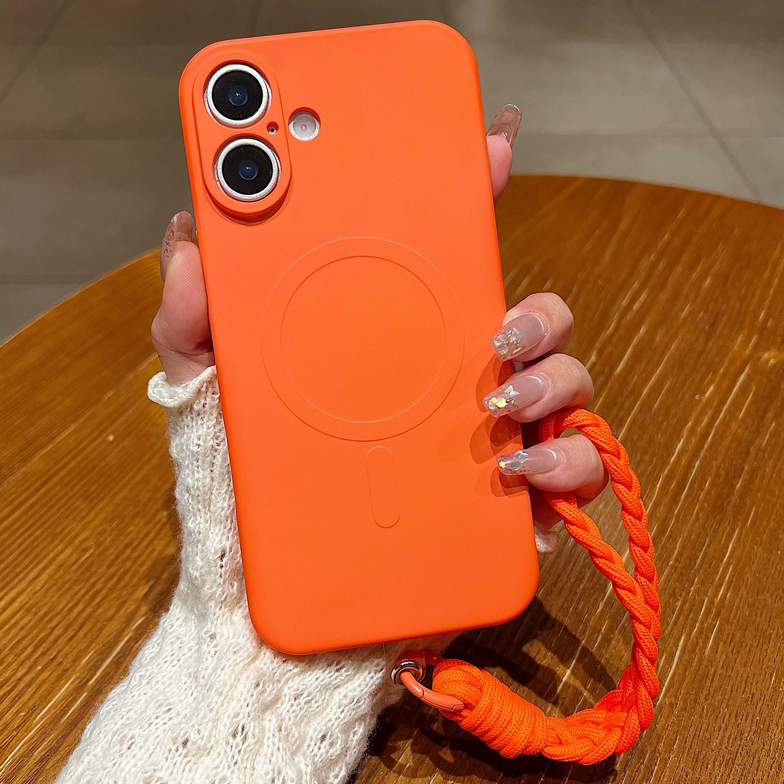 Compatible with iPhone 18 Solid Color Liquid Silicone Magnetic Phone Case with Lanyard - Orange