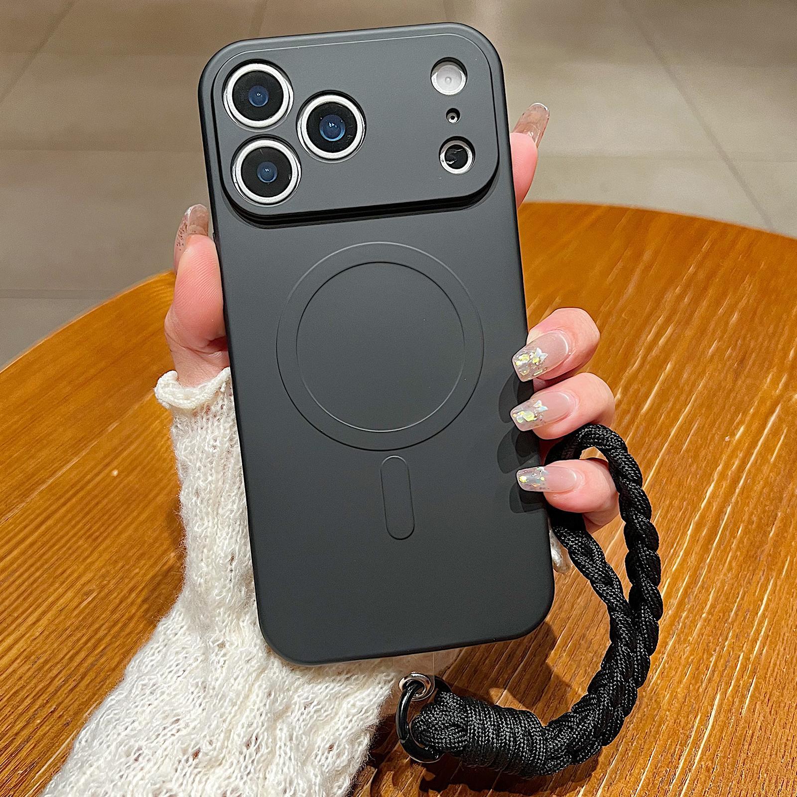 Compatible with iPhone 18 Pro Solid Color Liquid Silicone Magnetic Phone Case with Lanyard - Black