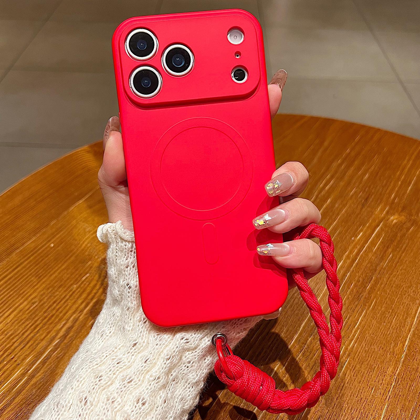 Compatible with iPhone 18 Pro Solid Color Liquid Silicone Magnetic Phone Case with Lanyard - Red