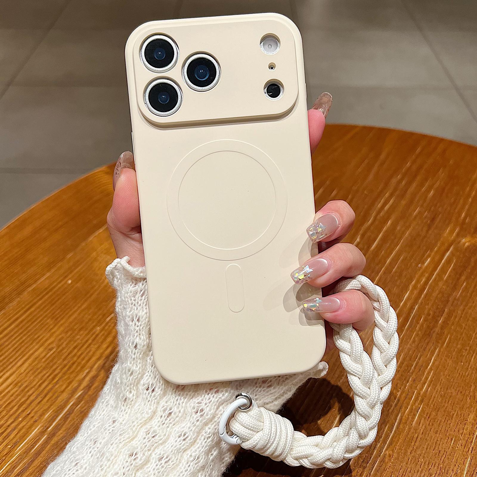 Compatible with iPhone 18 Pro Solid Color Liquid Silicone Magnetic Phone Case with Lanyard - Antique White