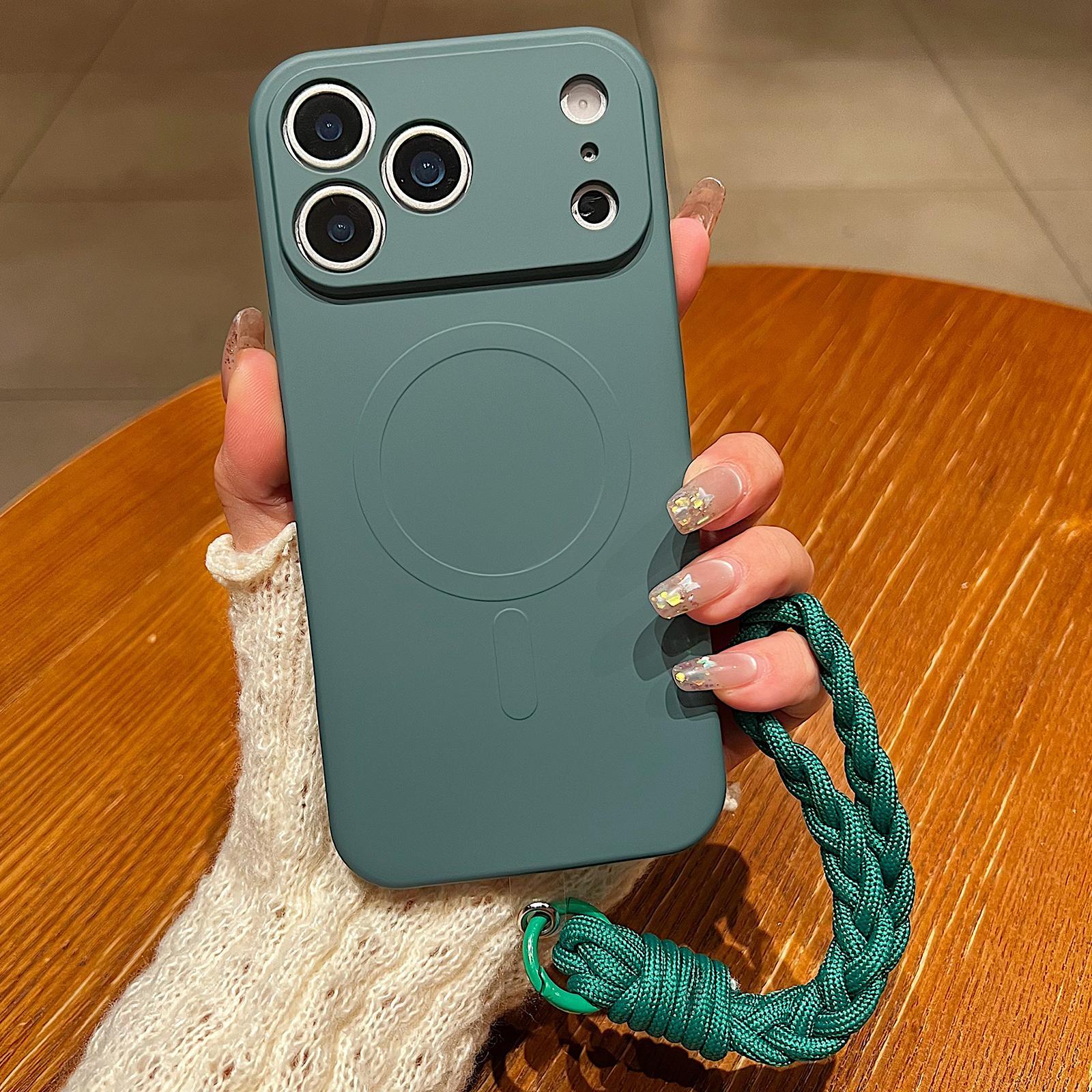 Compatible with iPhone 18 Pro Solid Color Liquid Silicone Magnetic Phone Case with Lanyard - Dark Green