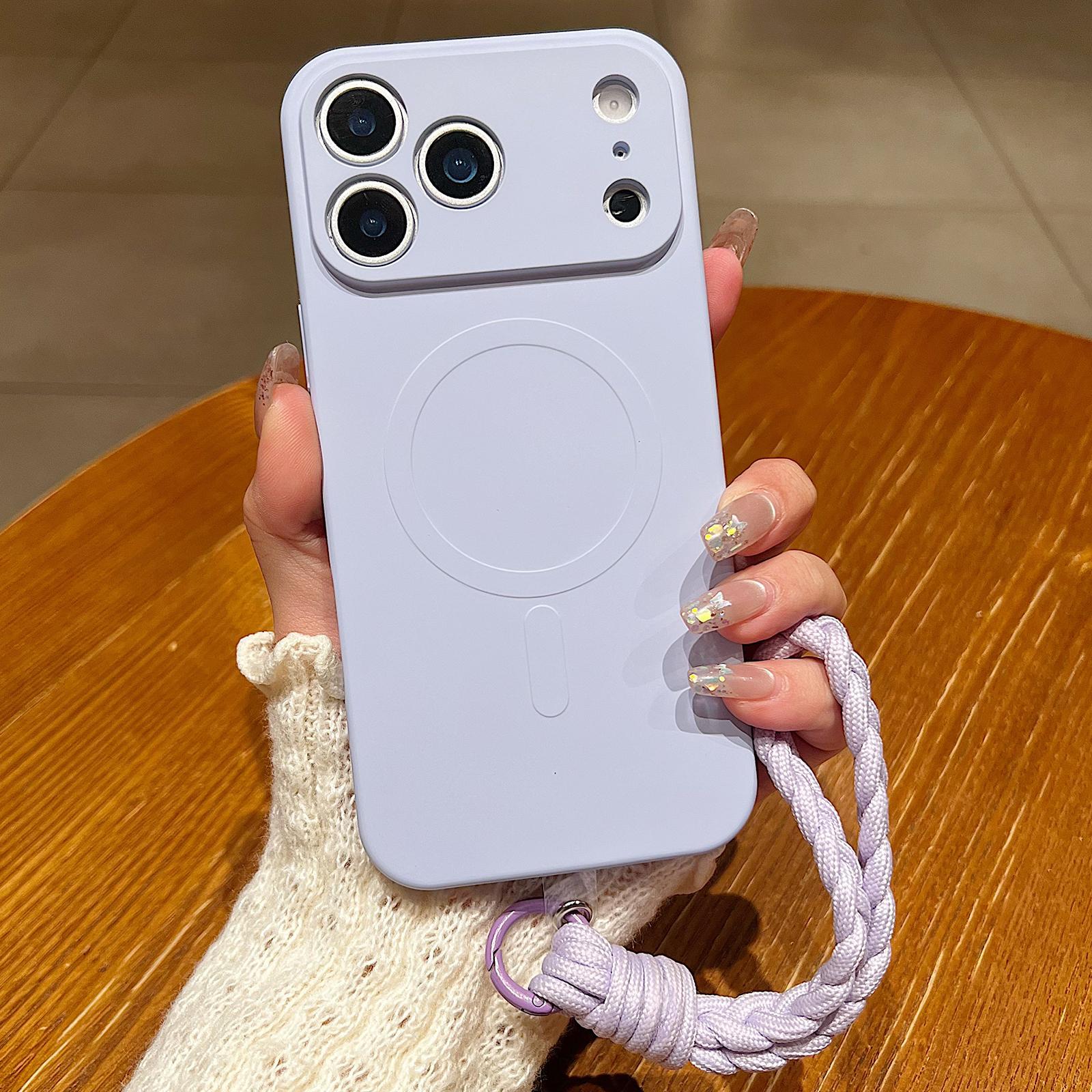 Compatible with iPhone 18 Pro Solid Color Liquid Silicone Magnetic Phone Case with Lanyard - Lilac Purple