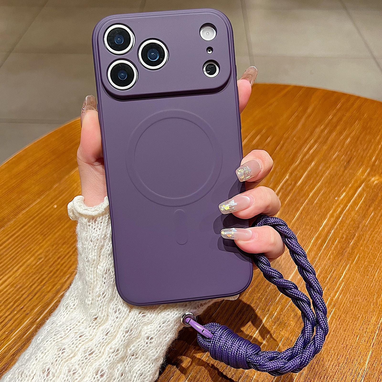 Compatible with iPhone 18 Pro Solid Color Liquid Silicone Magnetic Phone Case with Lanyard - Dark Purple