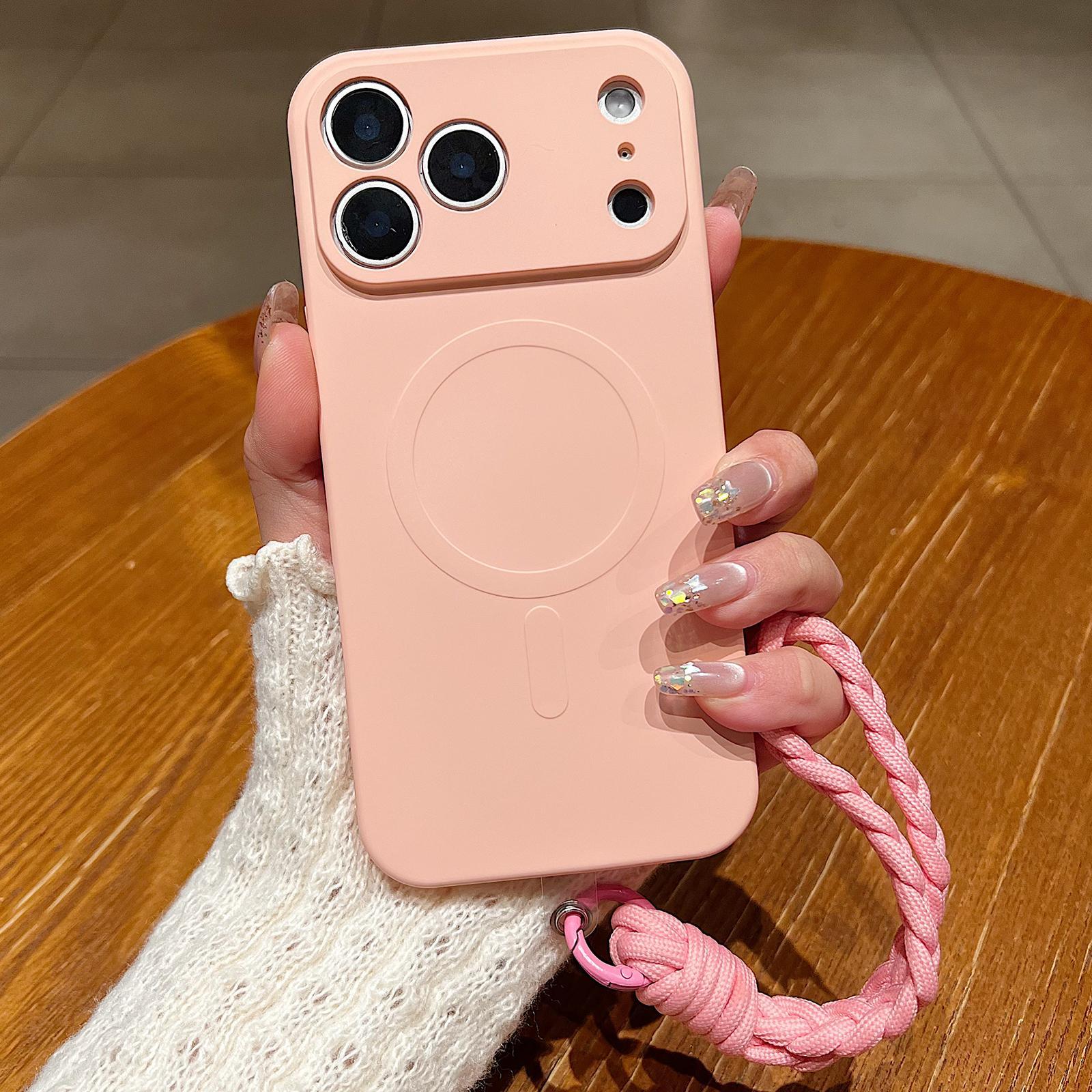 Compatible with iPhone 18 Pro Solid Color Liquid Silicone Magnetic Phone Case with Lanyard - Pink