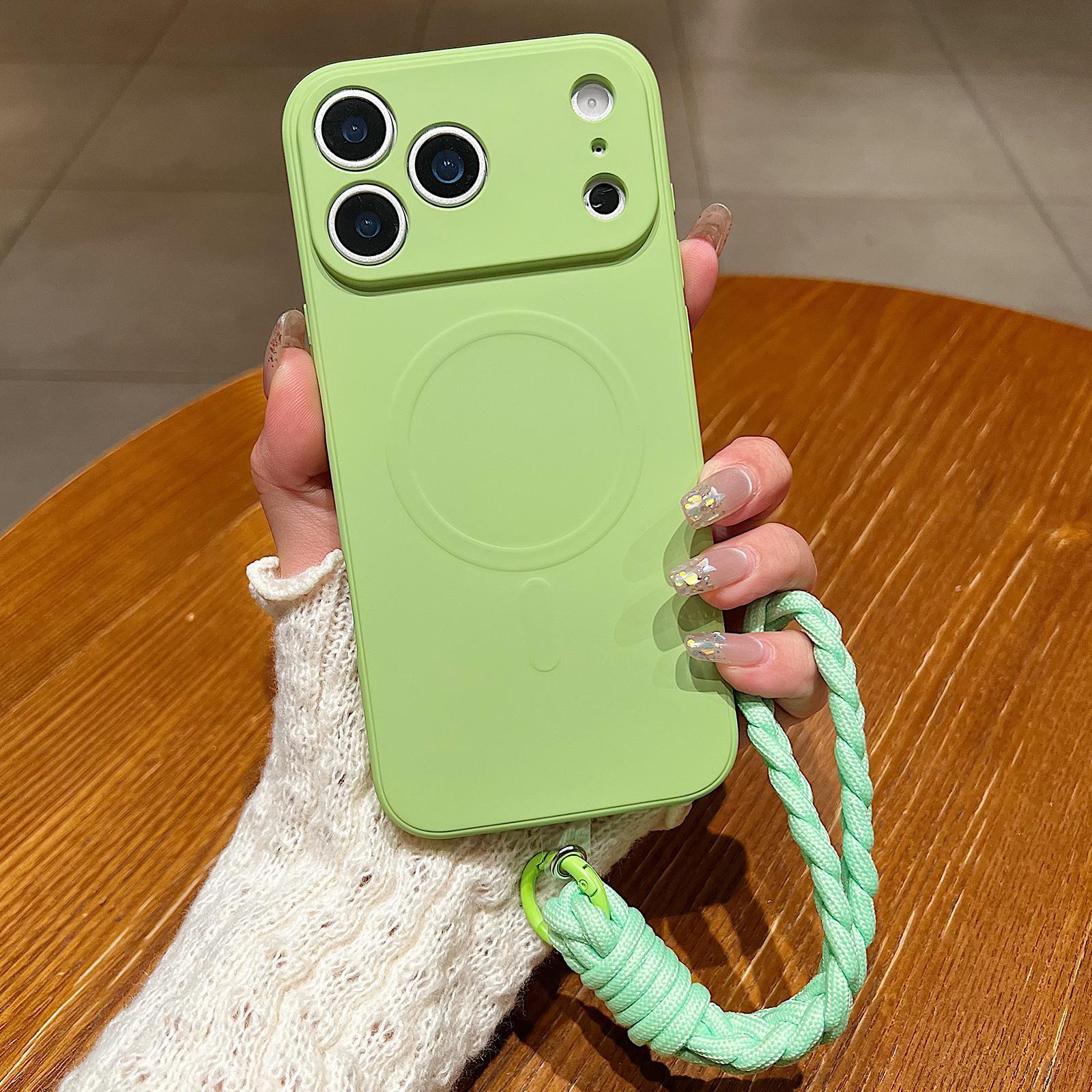 Compatible with iPhone 18 Pro Solid Color Liquid Silicone Magnetic Phone Case with Lanyard - Matcha Green