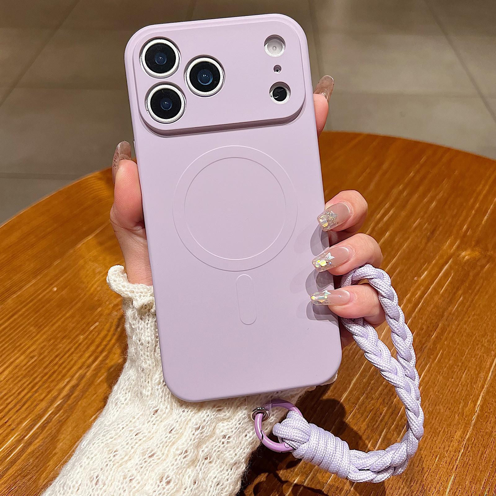 Compatible with iPhone 18 Pro Solid Color Liquid Silicone Magnetic Phone Case with Lanyard - Lilac