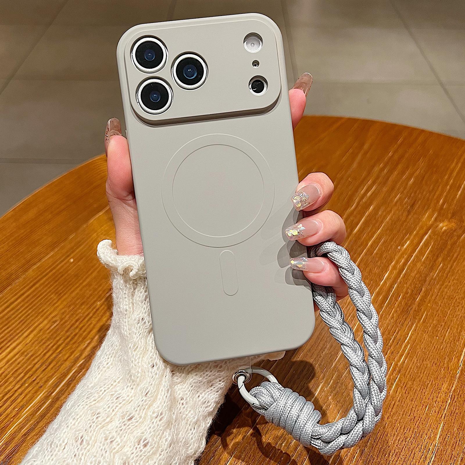 Compatible with iPhone 18 Pro Solid Color Liquid Silicone Magnetic Phone Case with Lanyard - Grey