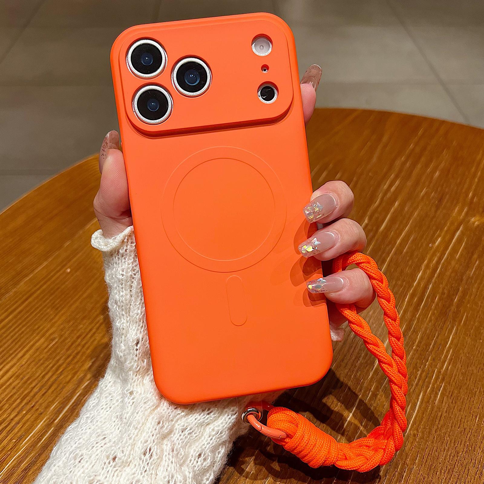 Compatible with iPhone 18 Pro Solid Color Liquid Silicone Magnetic Phone Case with Lanyard - Orange