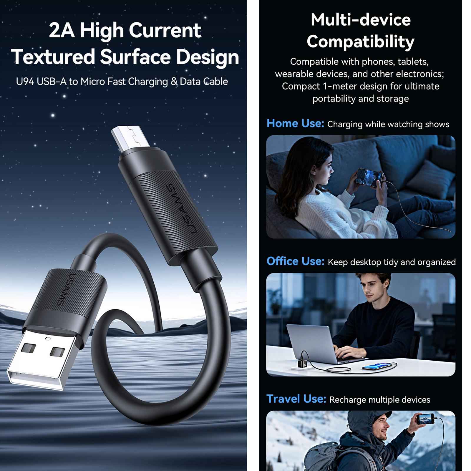 Uniqbuy For USAMS SJ779 U94 USB to Micro 2A Fast Charging Data Cable, Length:1m(Black)