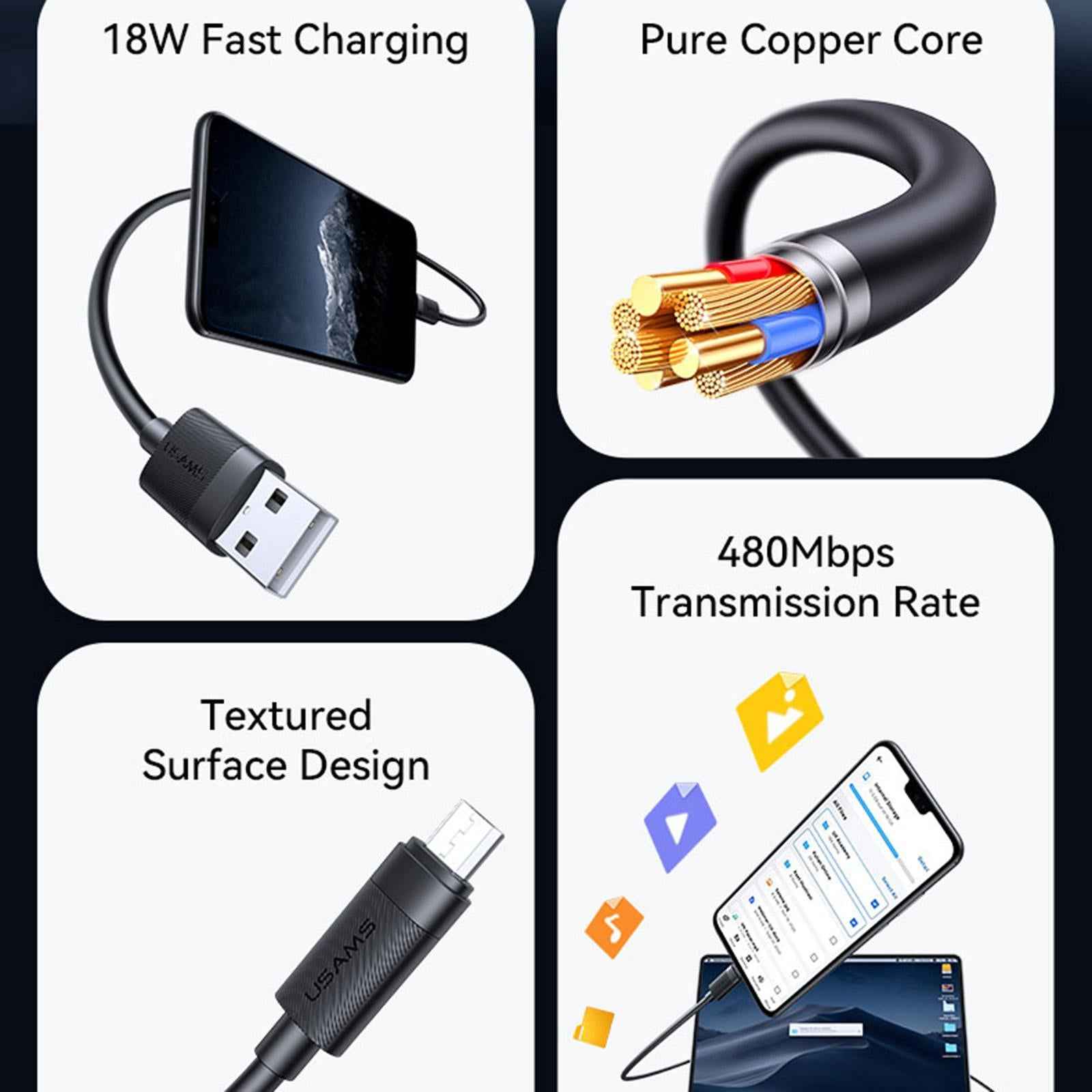 Uniqbuy For USAMS SJ779 U94 USB to Micro 2A Fast Charging Data Cable, Length:1m(Black)