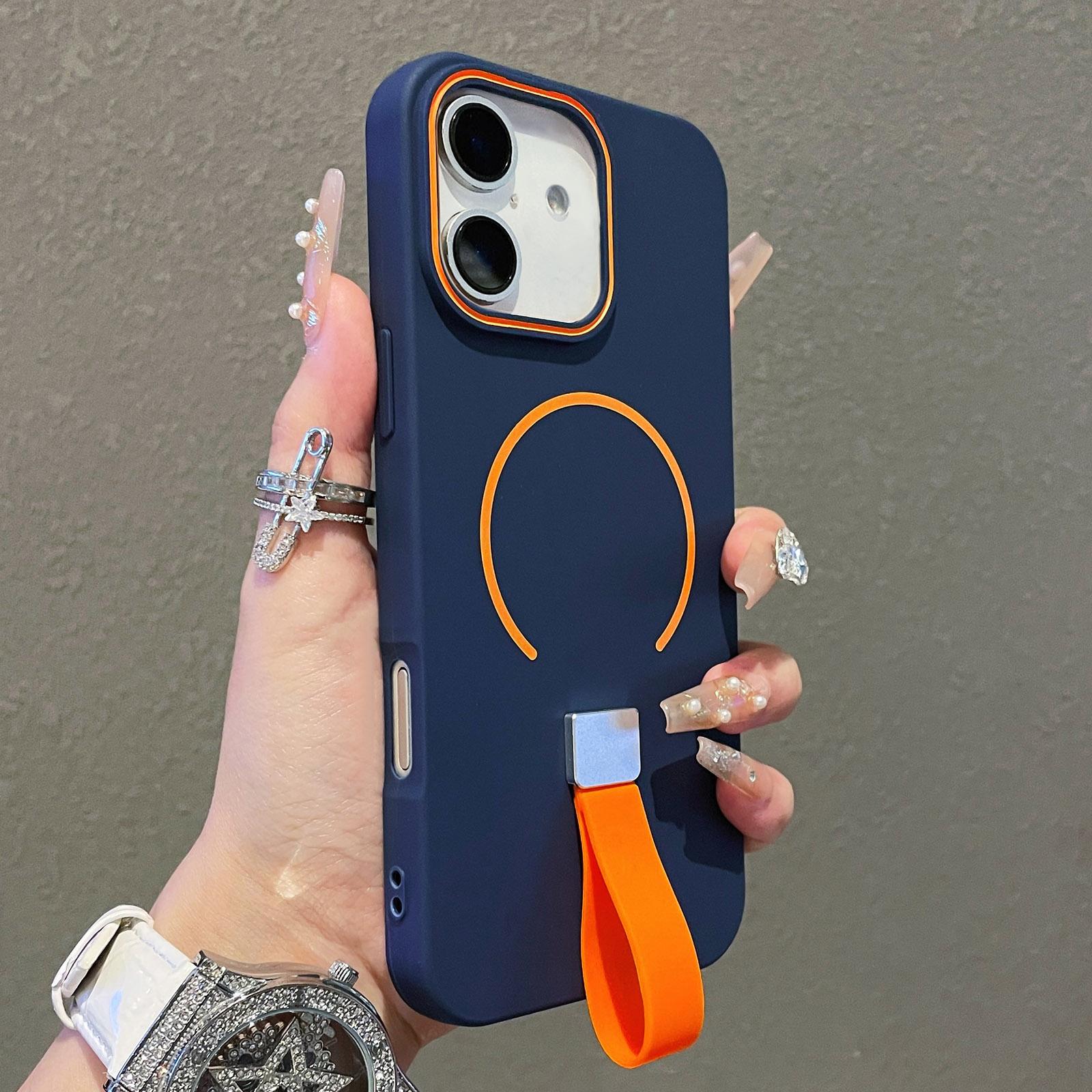 Compatible with iPhone 18 Skin-feel Magnetic TPU Phone Case with Silicone Strap - Dark Blue