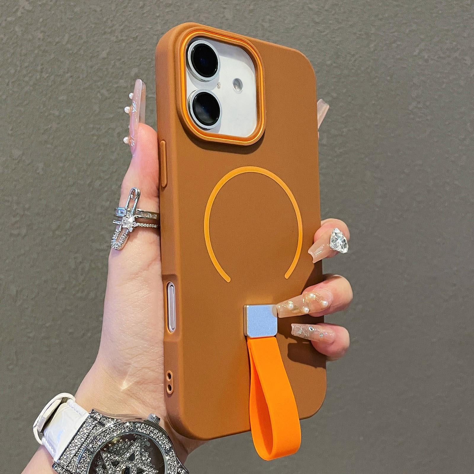 Compatible with iPhone 18 Skin-feel Magnetic TPU Phone Case with Silicone Strap - Brown