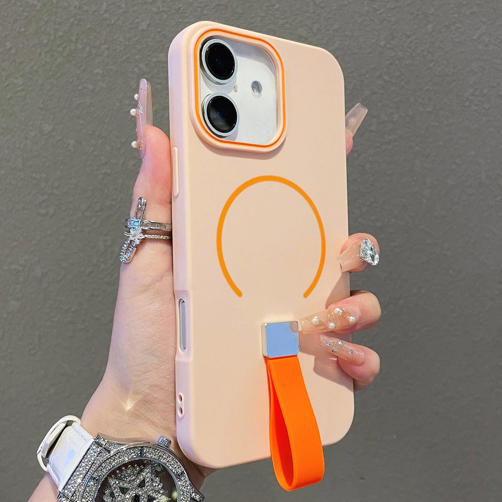Compatible with iPhone 18 Skin-feel Magnetic TPU Phone Case with Silicone Strap - Pink