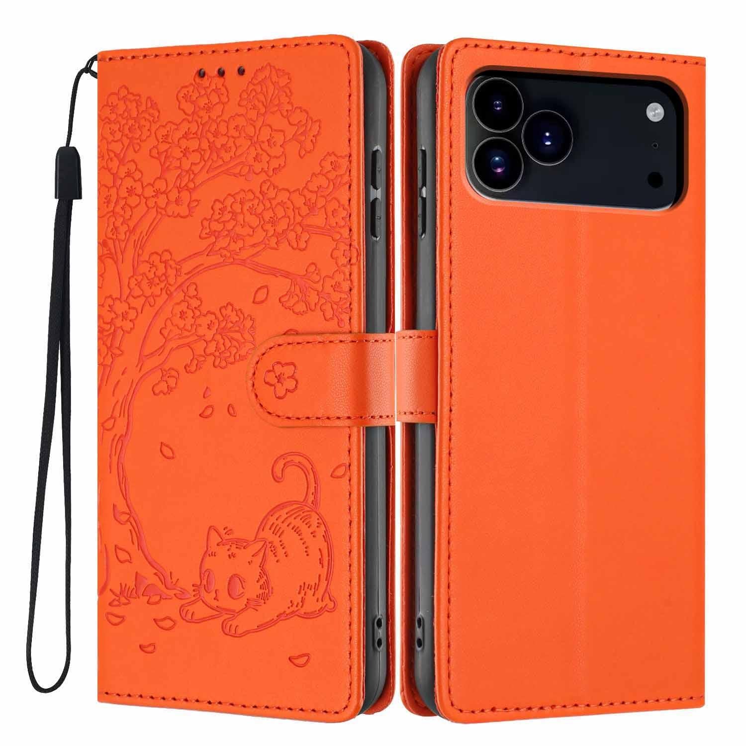 Compatible with iPhone 18 Pro Tree Cat Embossed Flip Vegan Leather Phone Case - Orange