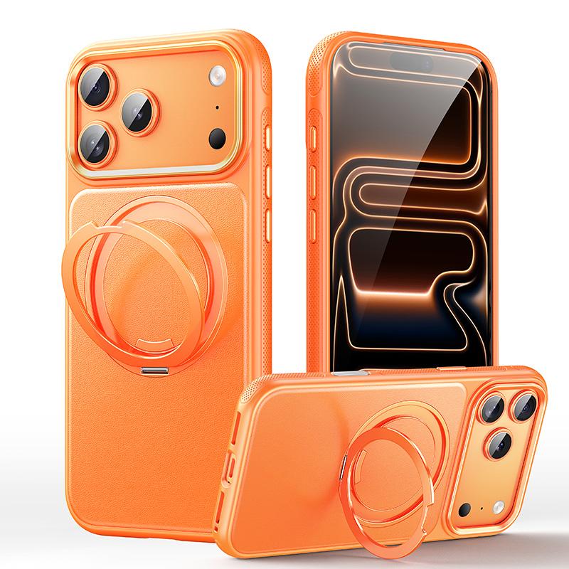 Compatible with iPhone 18 Pro Leather Texture 360 Degrees Rotating Magnetic Holder Phone Case - Orange