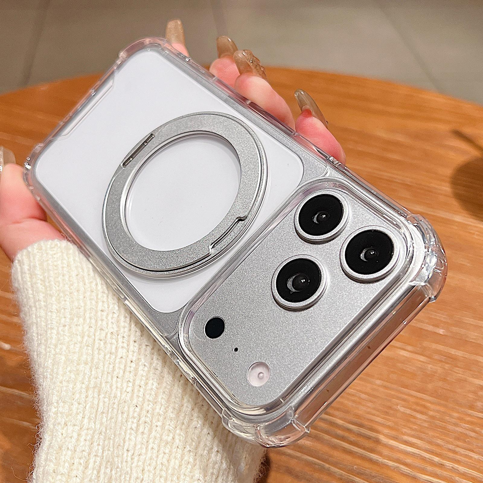 Compatible with iPhone 18 Pro Four Corner Shockproof Space Magnetic Phone Case with 360 Degrees Rotating Holder - Transparent