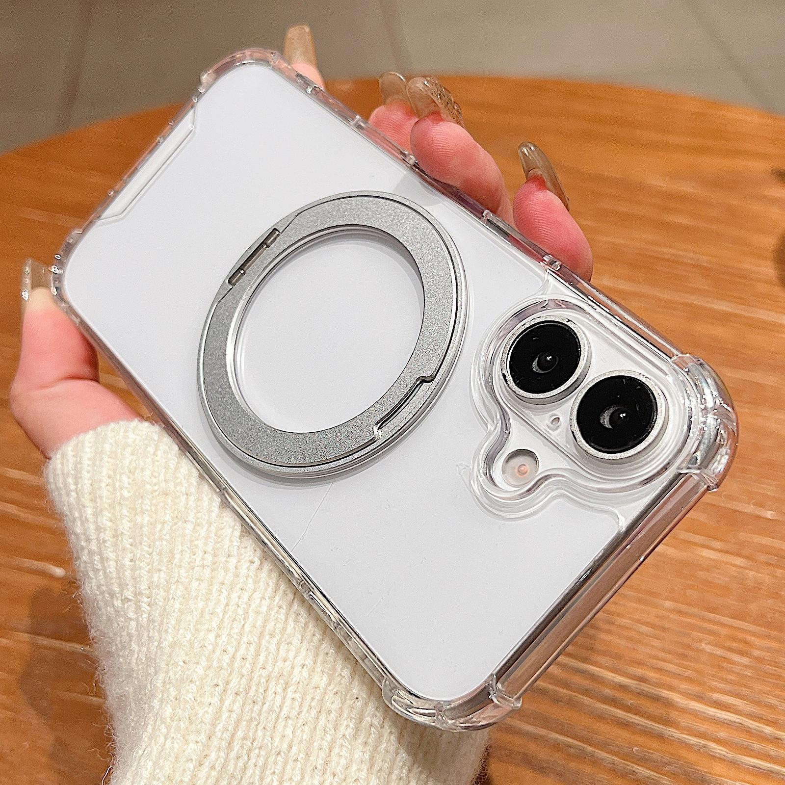 Compatible with iPhone 18 Four Corner Shockproof Space Magnetic Phone Case with 360 Degrees Rotating Holder - Transparent