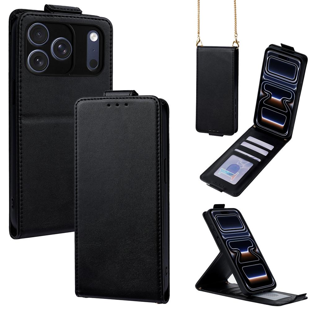 Compatible with iPhone 18 Pro & 17 Pro Vertical Flip Cover Solid Color Vegan Leather Phone Case with Crossbody Chain - Black