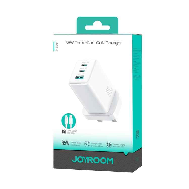 JOYROOM JR-TG10 65W GaN Dual Type-C, USB 3-Port Charger with Type-C to 8 Pin Cable, Plug:UK Plug(White)