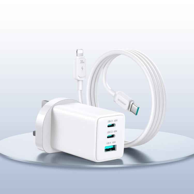 JOYROOM JR-TG10 65W GaN Dual Type-C, USB 3-Port Charger with Type-C to 8 Pin Cable, Plug:UK Plug(White)