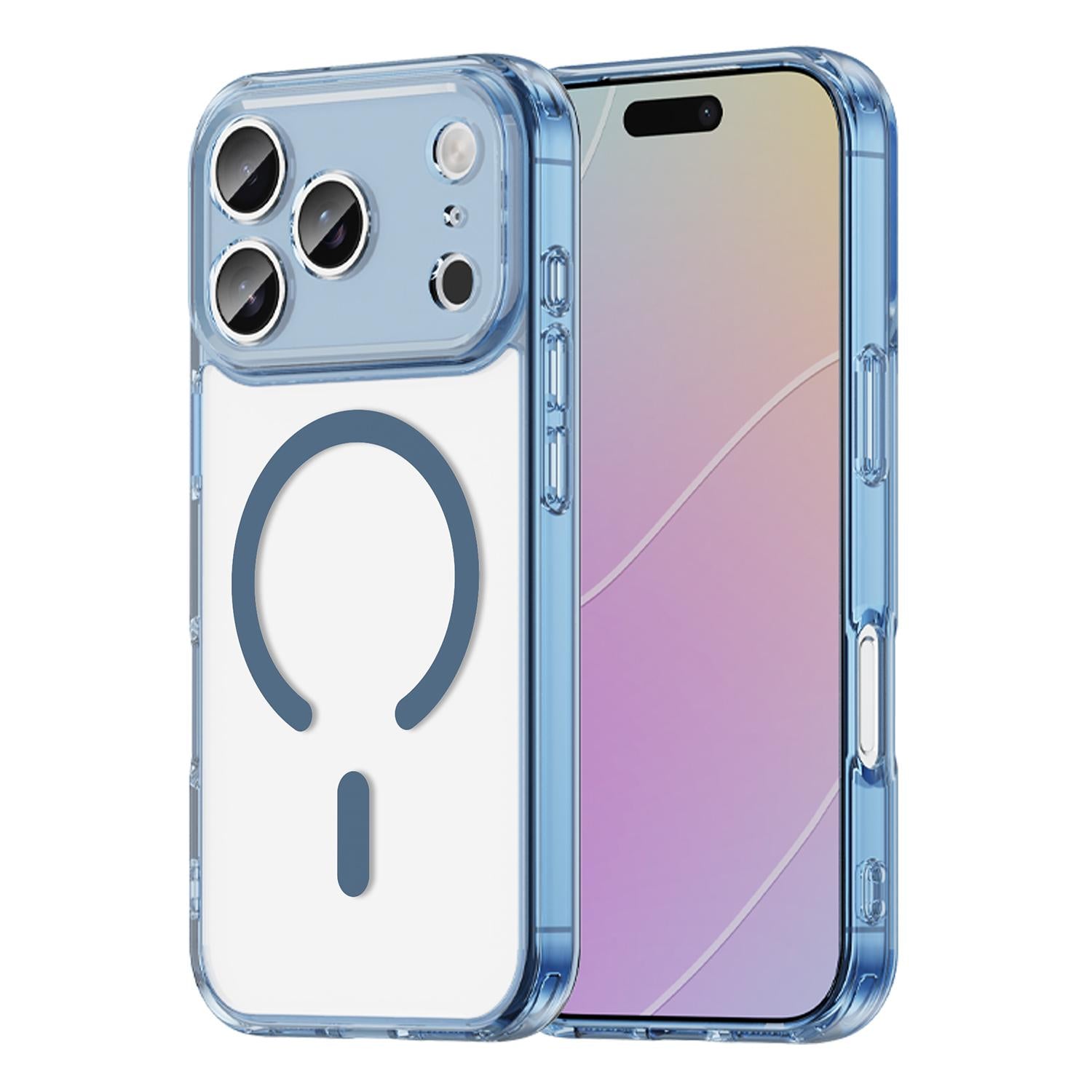Compatible with iPhone 18 Pro PC Dual-Layer TPU Airbag Shockproof MagSafe Phone Case - Transparent Blue