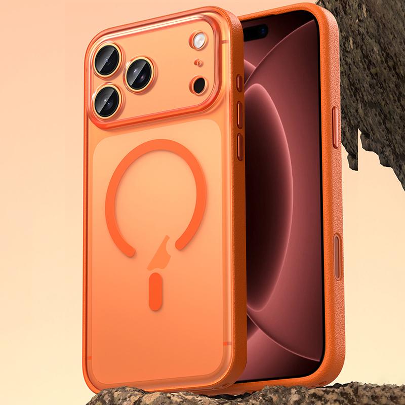 Compatible with iPhone 18 Pro Vegan Leather Magnetic Phone Case - Orange