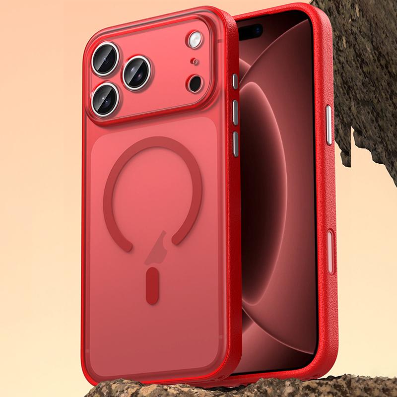 Compatible with iPhone 18 Pro Vegan Leather Magnetic Phone Case - Berry Red