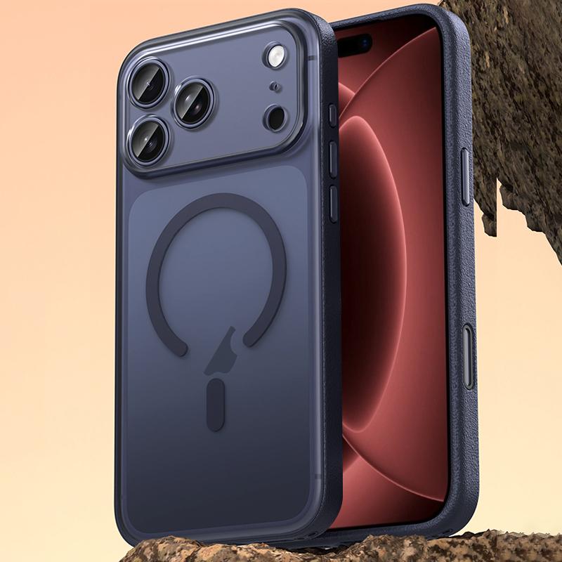 Compatible with iPhone 18 Pro Vegan Leather Magnetic Phone Case - Deep Sea Blue