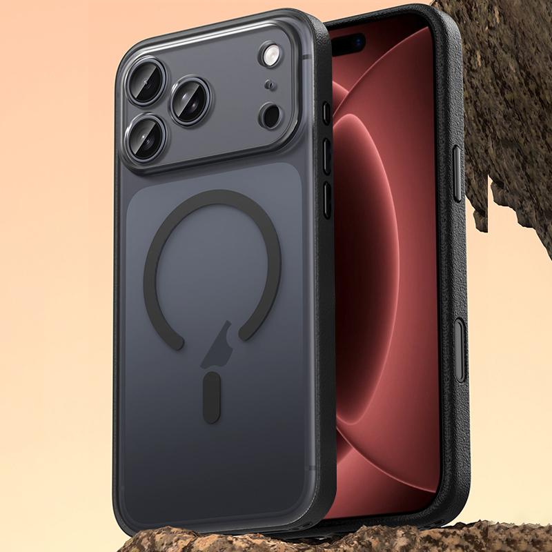Compatible with iPhone 18 Pro Vegan Leather Magnetic Phone Case - Black