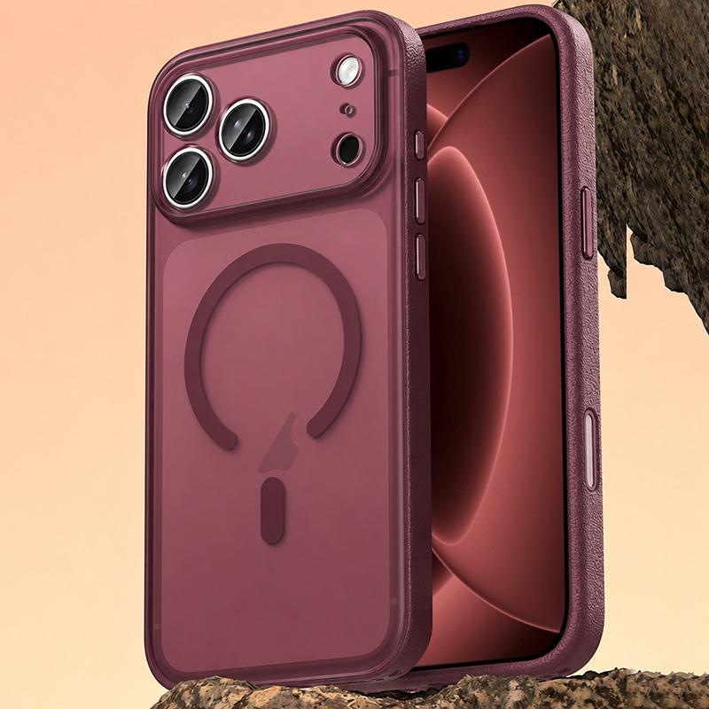 Compatible with iPhone 18 Pro Vegan Leather Magnetic Phone Case - Wine Red