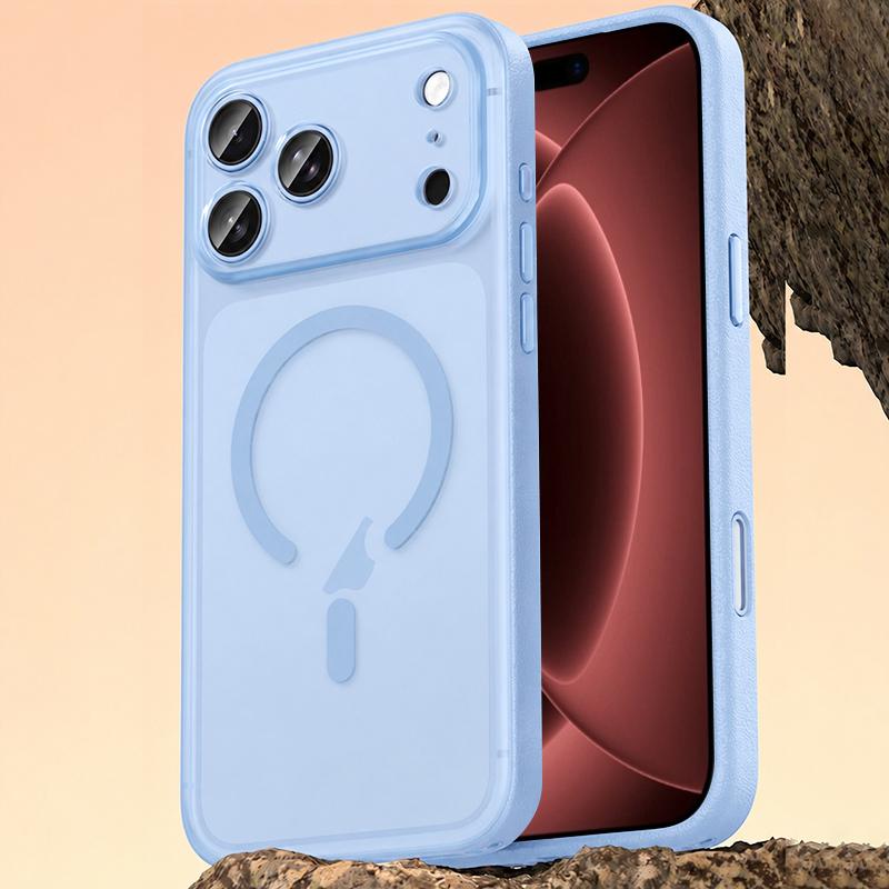 Compatible with iPhone 18 Pro Vegan Leather Magnetic Phone Case - Sky Blue