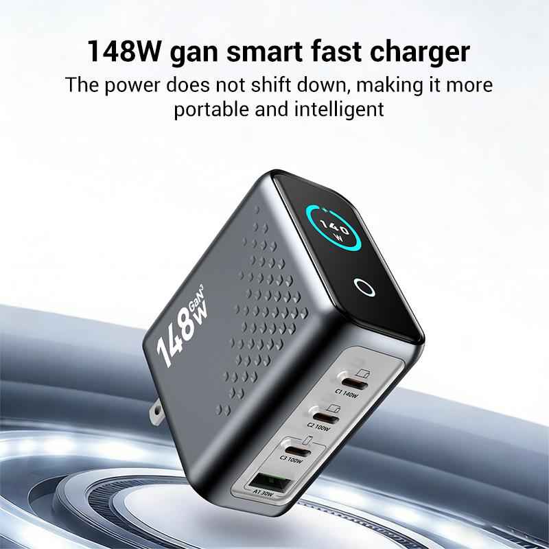 Uniqbuy For P3 148W USB-A and USB-C / Type-C Quad-Port AI Smart Display GaN Fast Charger(US Plug)